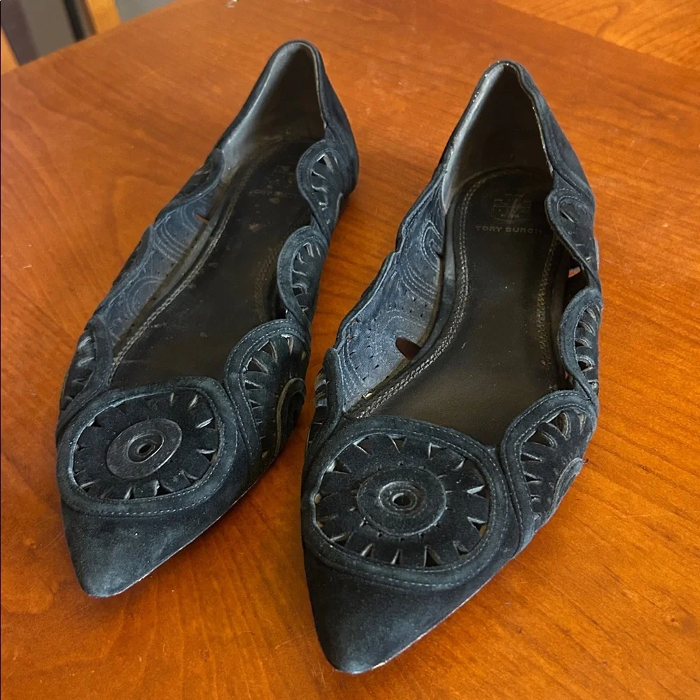 Tory Burch Leyla Laser Cut Suede Flats 8 1/2 Black
